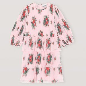 GANNI Pleated Georgette Mini Chiffon Dress Cherry Blossom Size EU34 Fit likeUS2
